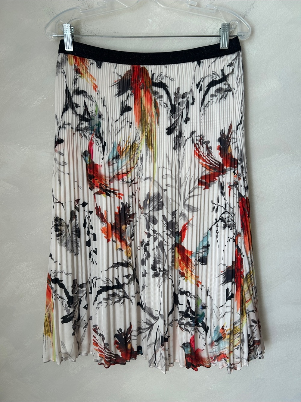 Pleated midi twirl skirt floral bird size 40 medium